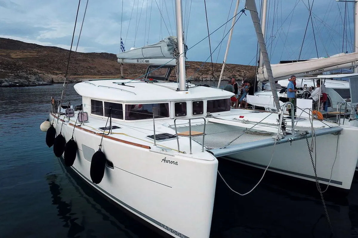 Exterior view of Aurora, a Lagoon 400 catamaran at Athens, Greece