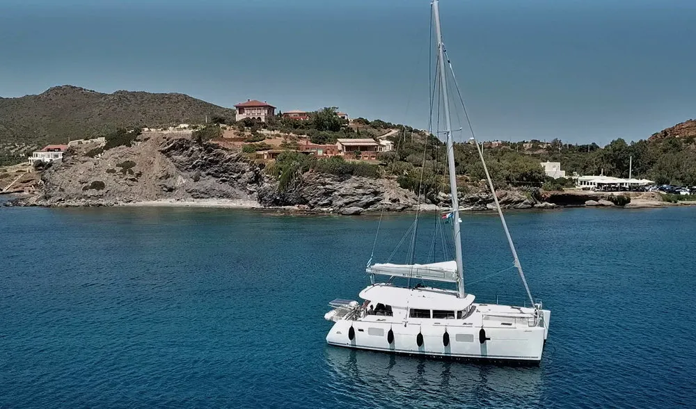 Exterior view of Aurora, a Lagoon 400 catamaran at Athens, Greece