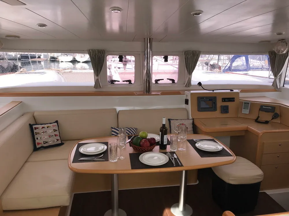 Salon of Aurora, a Lagoon 400 catamaran at Athens, Greece