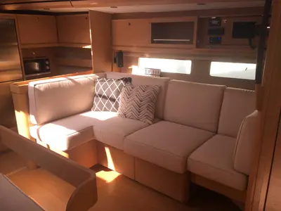 Salon of Hola, a Dufour 56 Exclusive sailboat at Olbia, Italy