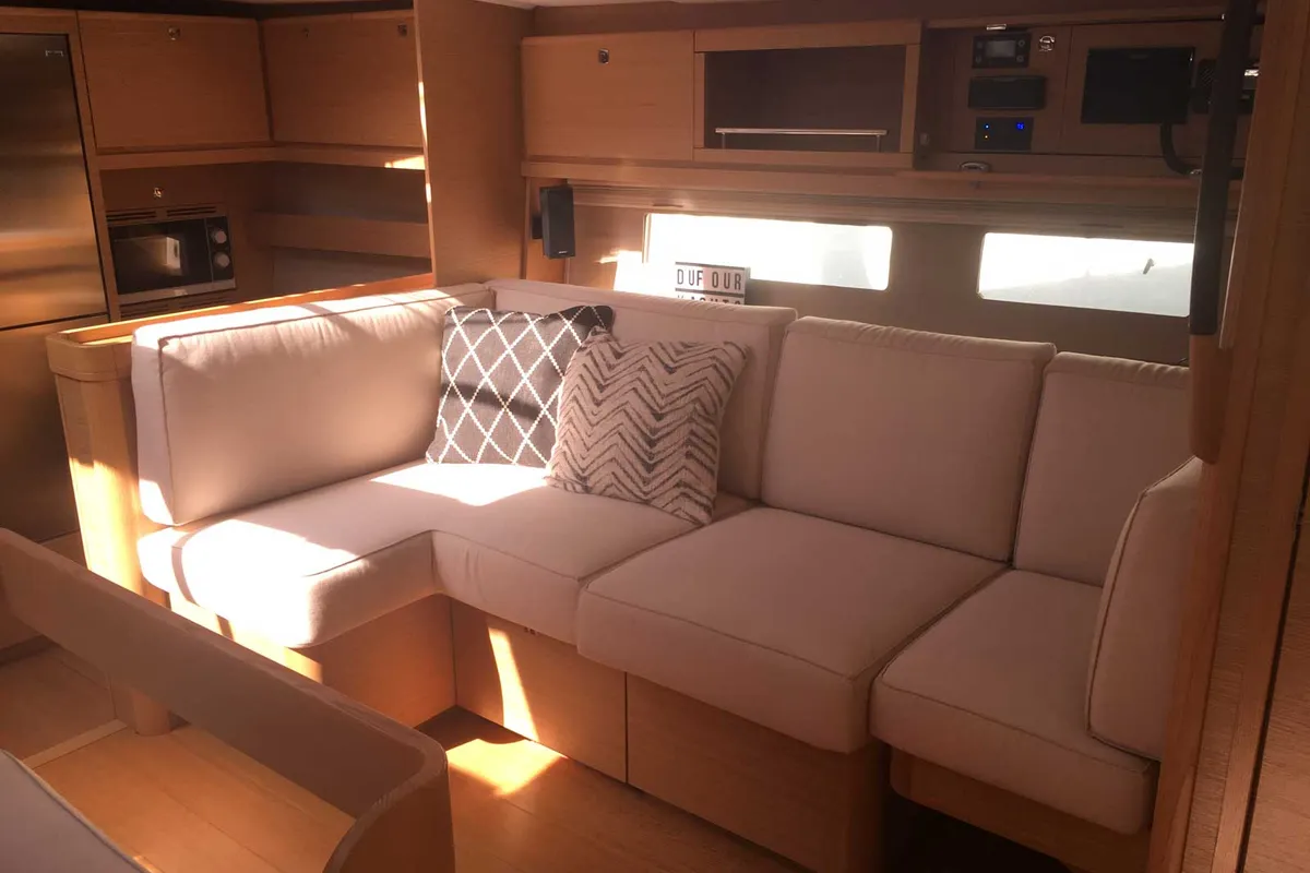 Salon of Hola, a Dufour 56 Exclusive sailboat at Olbia, Italy