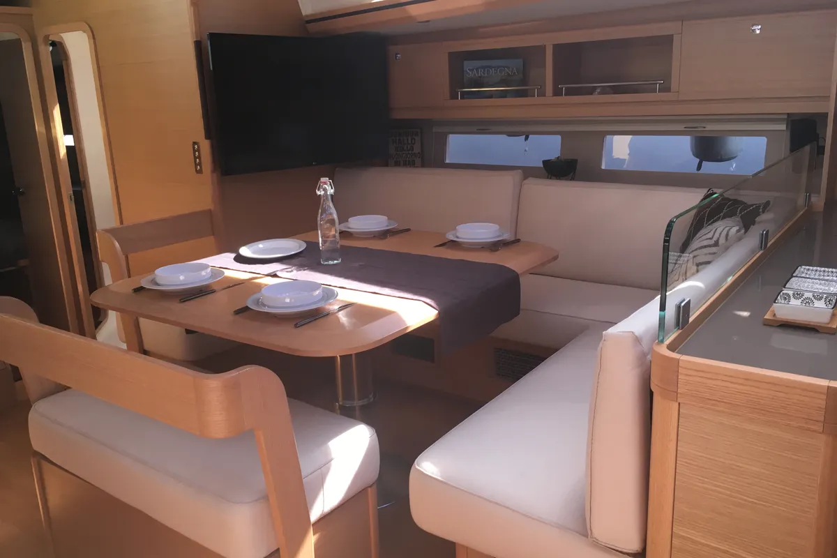 Salon of Hola, a Dufour 56 Exclusive sailboat at Olbia, Italy