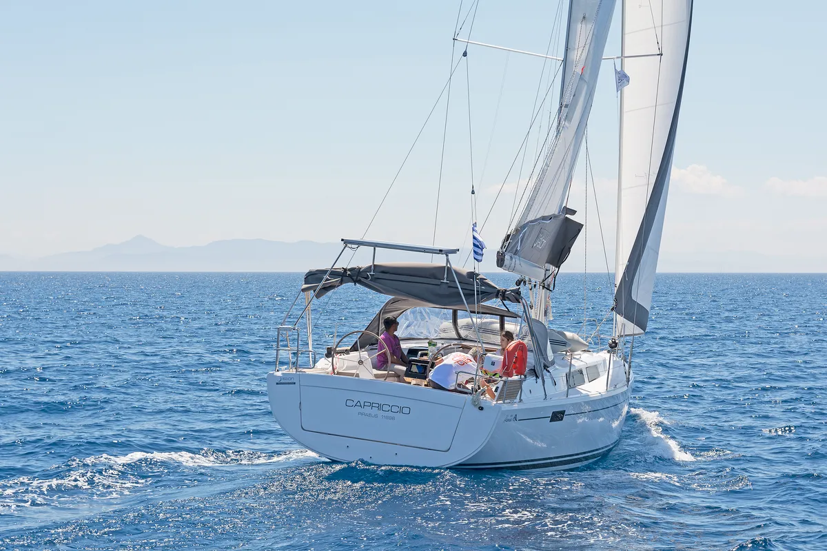 Exterior view of Capriccio, a Hanse 385 sailboat at Lavreotiki Municipal Unit, Greece