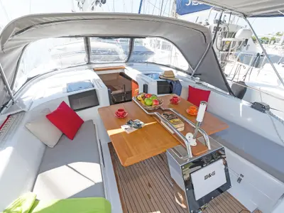 Deck of Capriccio, a Hanse 385 sailboat at Lavreotiki Municipal Unit, Greece