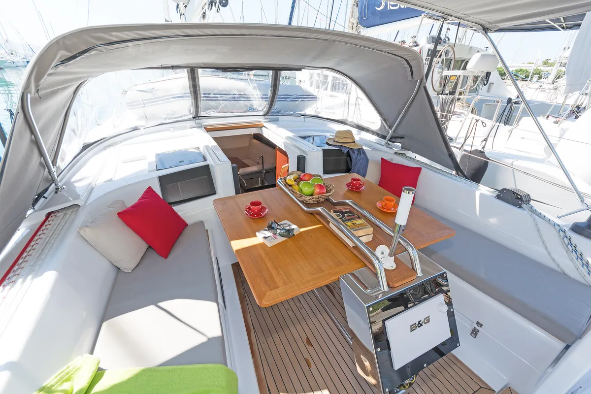 Deck of Capriccio, a Hanse 385 sailboat at Lavreotiki Municipal Unit, Greece