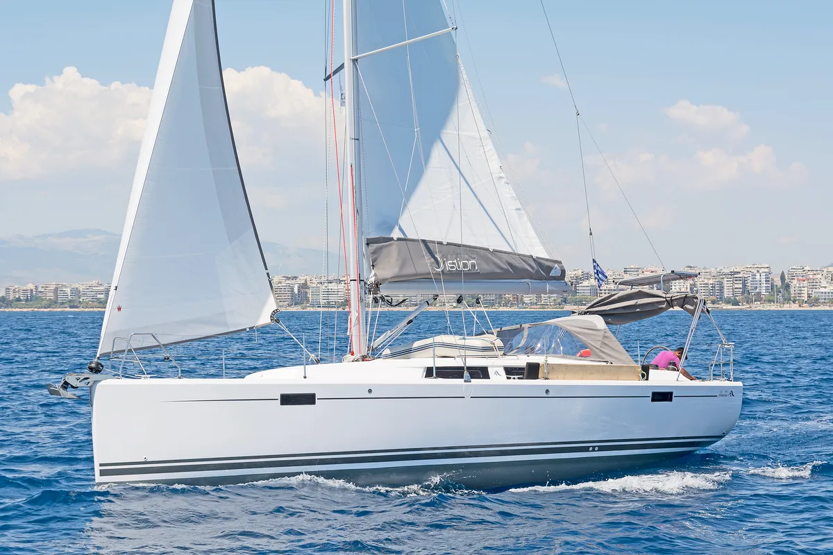 Exterior view of Capriccio, a Hanse 385 sailboat at Lavreotiki Municipal Unit, Greece