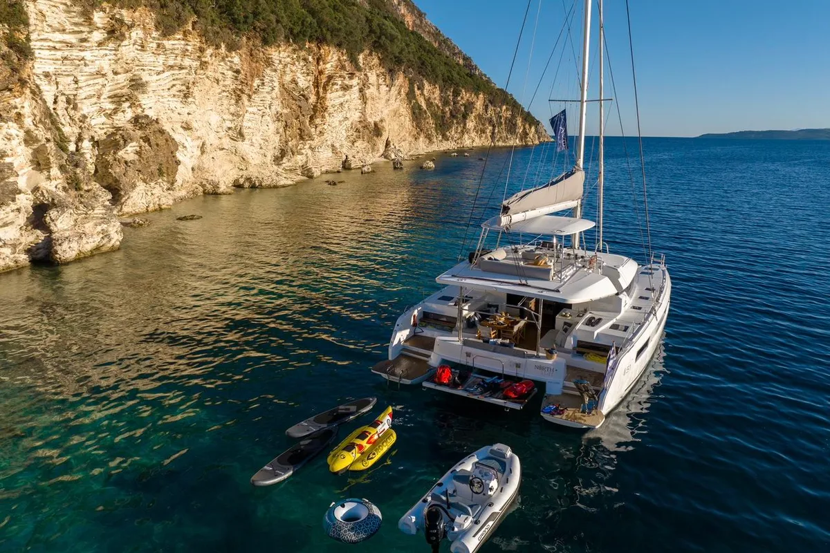 Exterior view of North Star, a Lagoon 51 catamaran at Municipal Unit of Lefkada, Greece