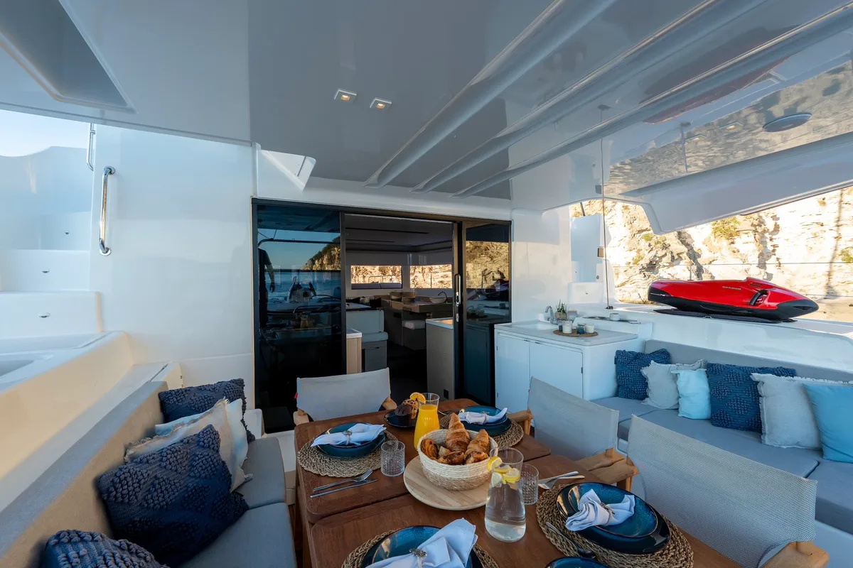 Deck of North Star, a Lagoon 51 catamaran at Municipal Unit of Lefkada, Greece