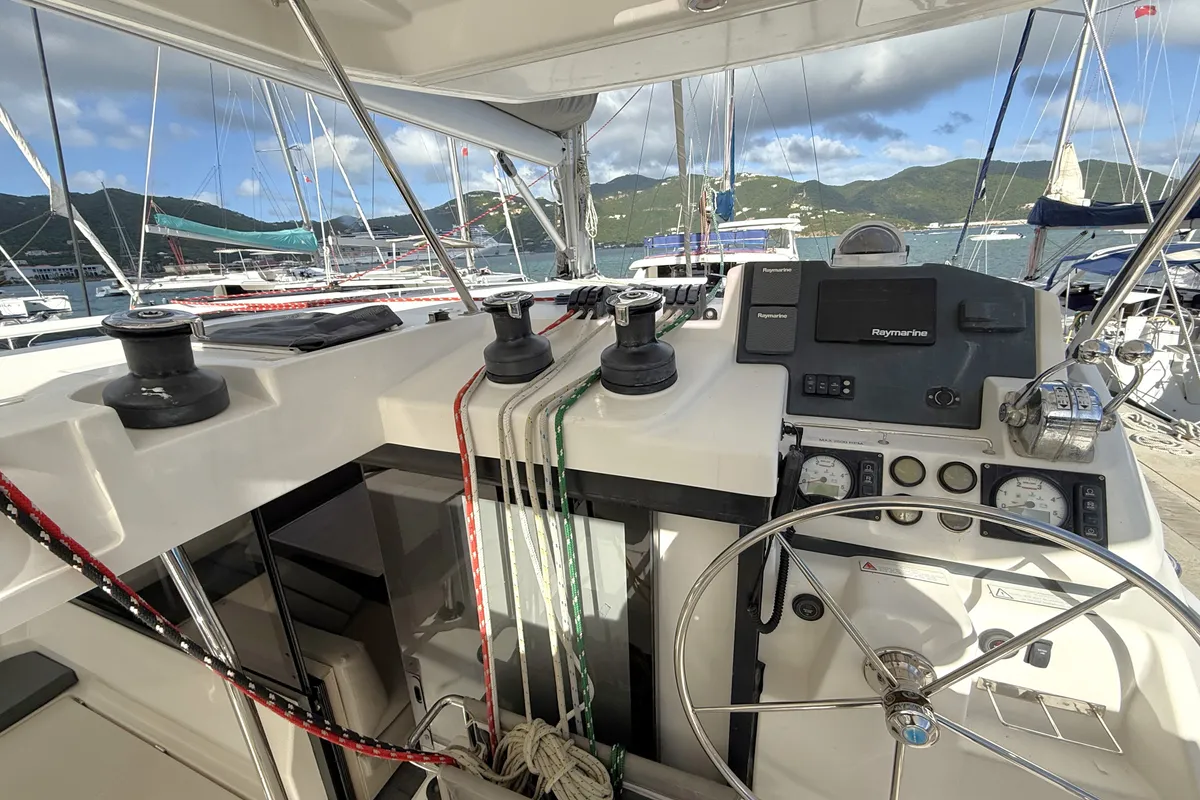 Cockpit of Tropical Squeeze, a Leopard 45 catamaran at Road Town, British Virgin Islands