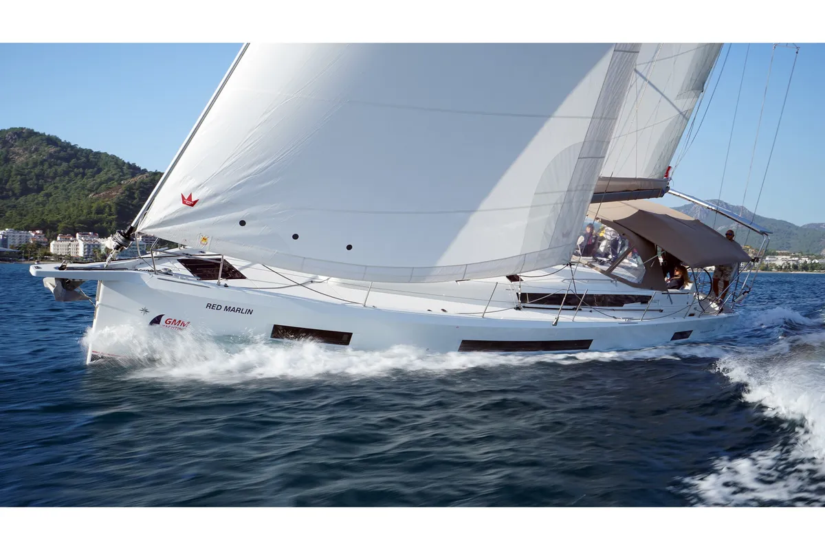 Exterior view of Red Marlin, a Jeanneau Sun Odyssey 490 sailboat at Marmaris, Turkey