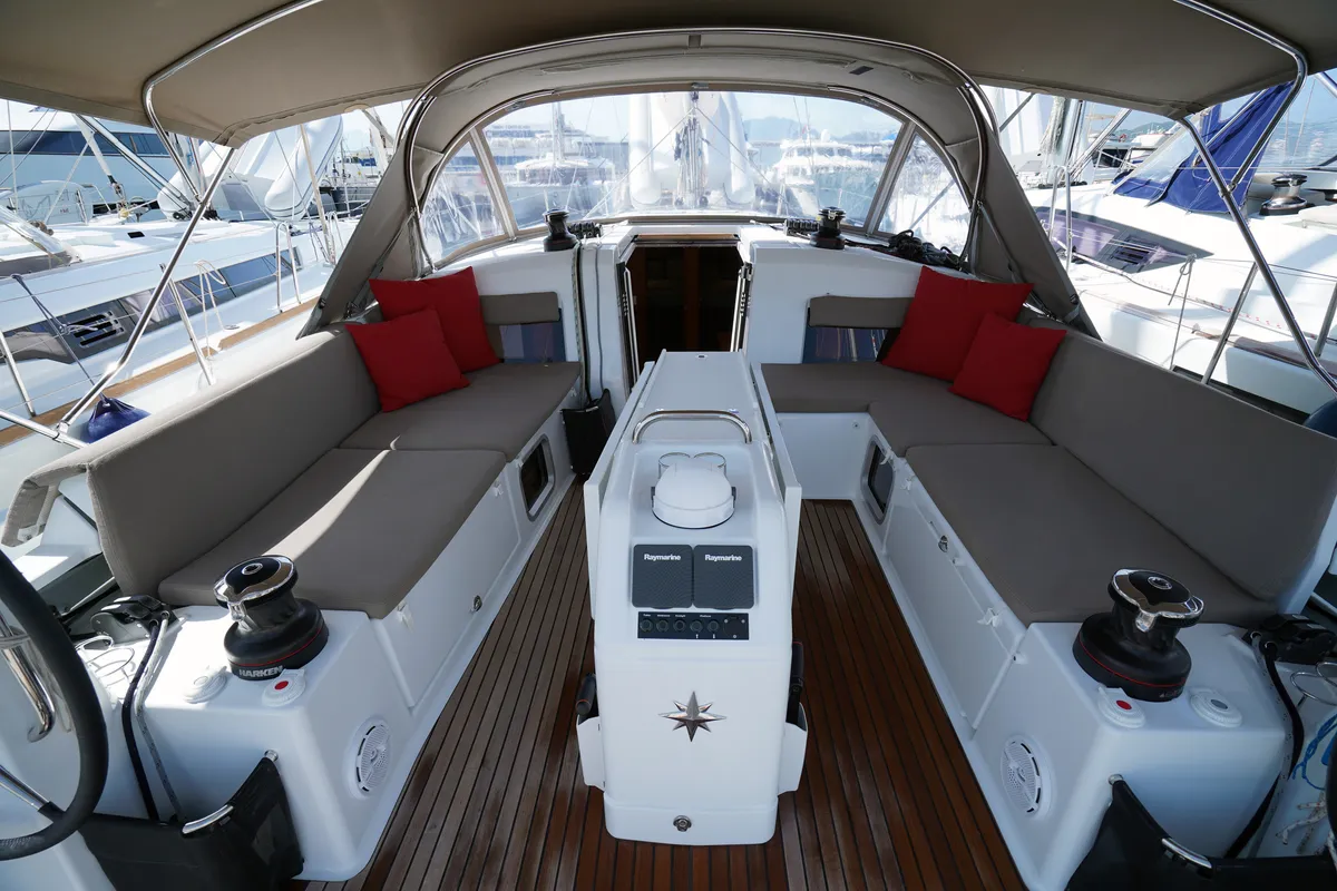 Deck of Red Marlin, a Jeanneau Sun Odyssey 490 sailboat at Marmaris, Turkey