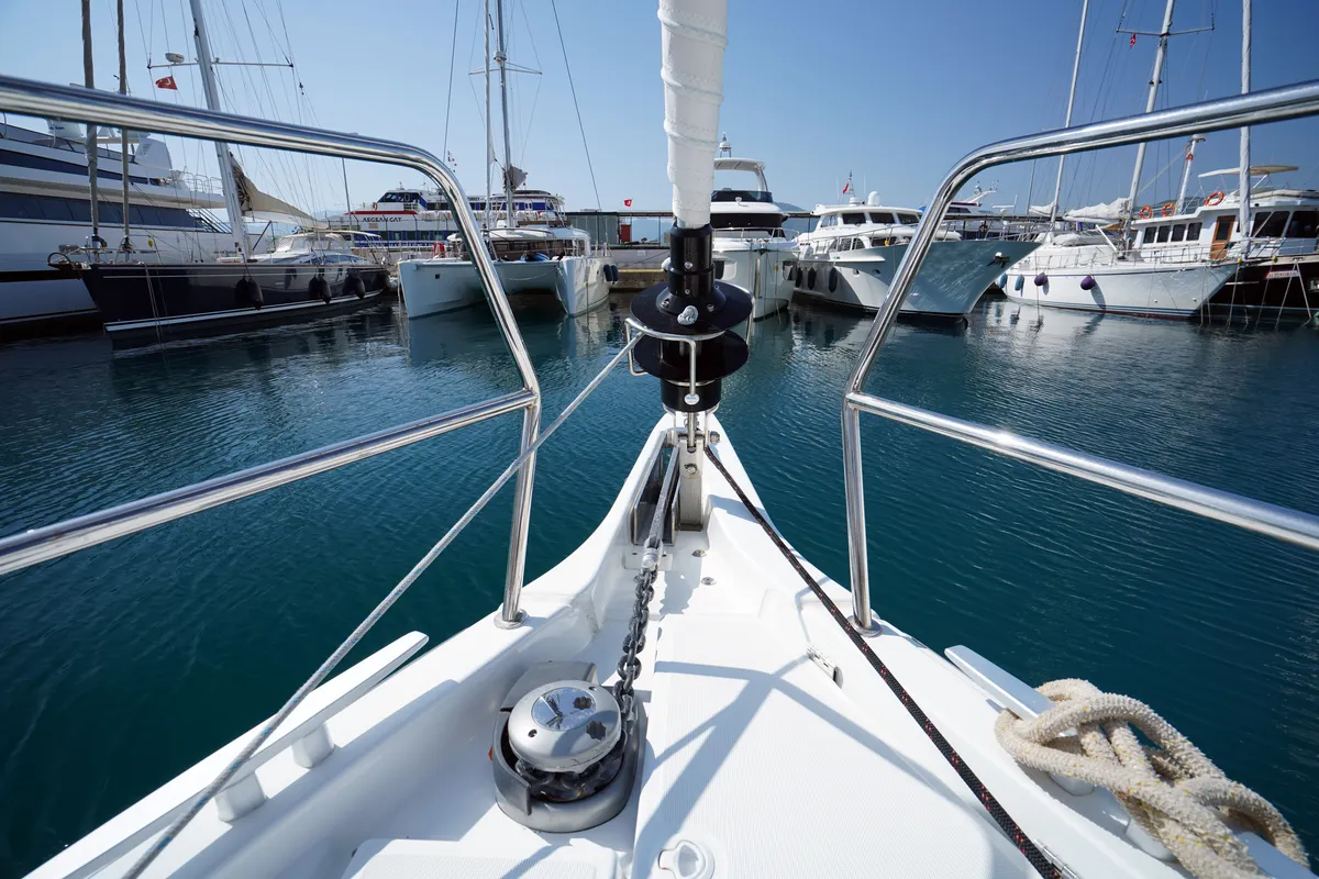 Exterior view of Red Marlin, a Jeanneau Sun Odyssey 490 sailboat at Marmaris, Turkey