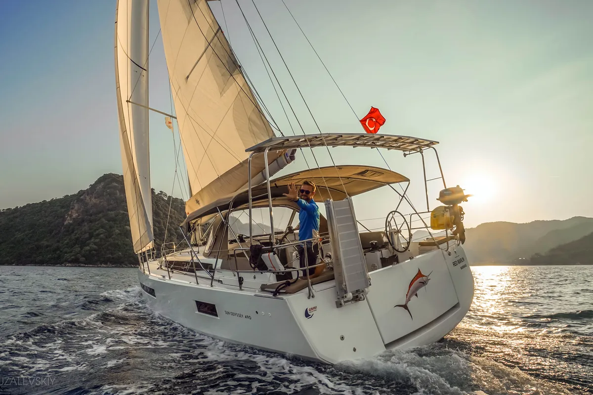 Exterior view of Red Marlin, a Jeanneau Sun Odyssey 490 sailboat at Marmaris, Turkey