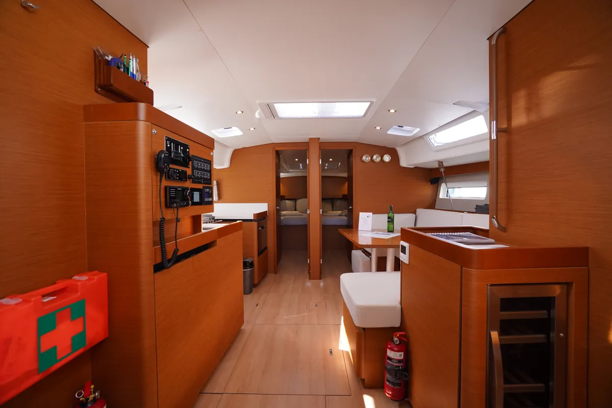 Salon of Red Marlin, a Jeanneau Sun Odyssey 490 sailboat at Marmaris, Turkey