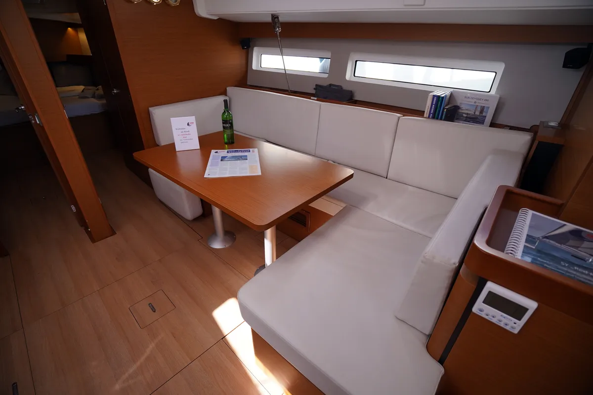 Salon of Red Marlin, a Jeanneau Sun Odyssey 490 sailboat at Marmaris, Turkey