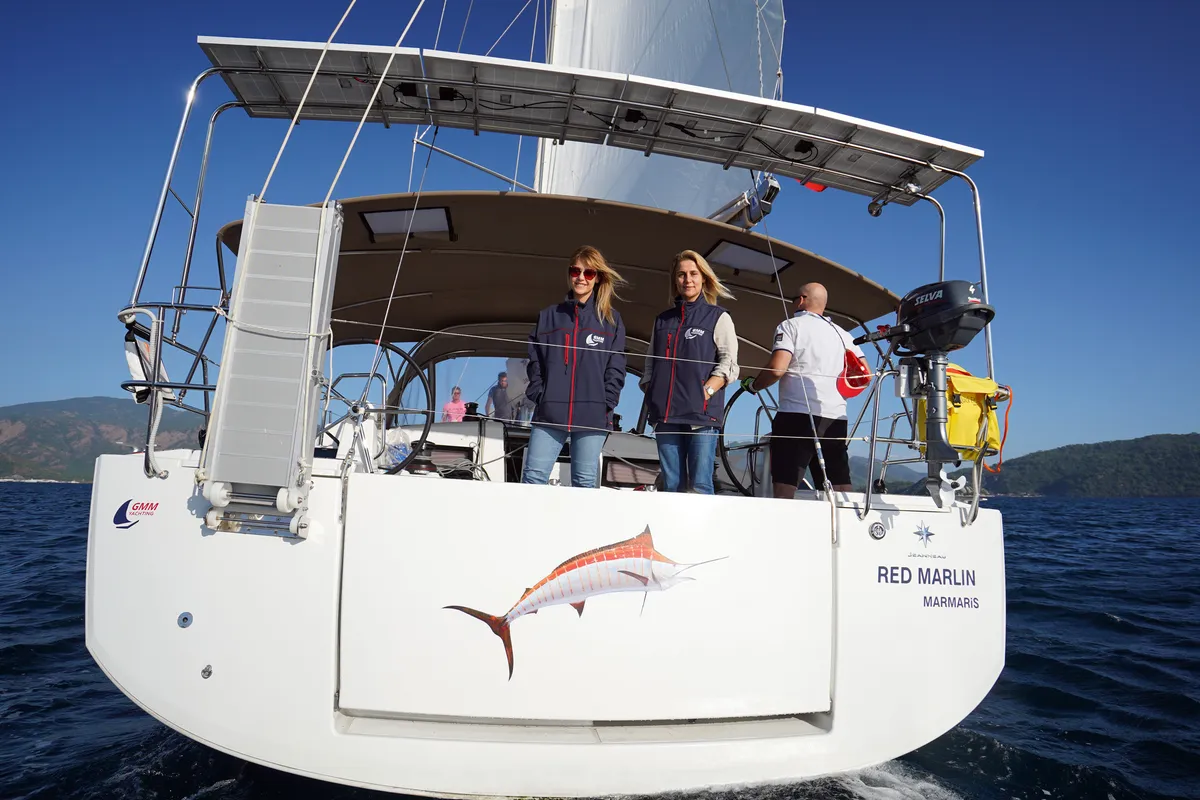 Exterior view of Red Marlin, a Jeanneau Sun Odyssey 490 sailboat at Marmaris, Turkey