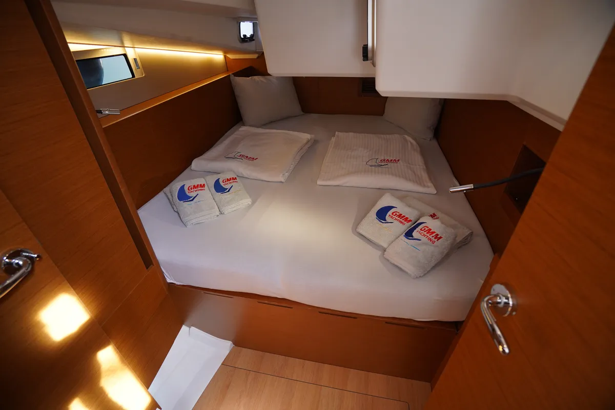 Cabin on Red Marlin, a Jeanneau Sun Odyssey 490 sailboat at Marmaris, Turkey