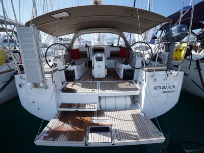 Deck of Red Marlin, a Jeanneau Sun Odyssey 490 sailboat at Marmaris, Turkey