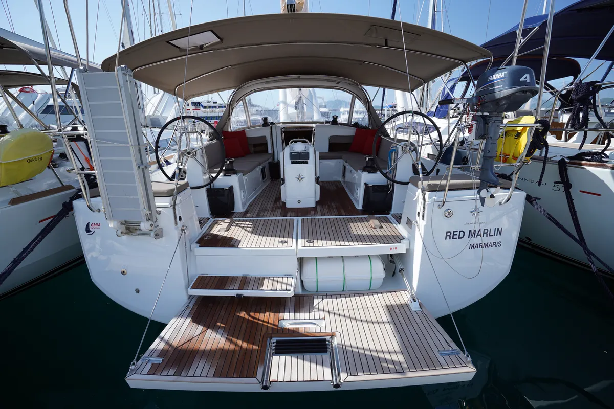 Deck of Red Marlin, a Jeanneau Sun Odyssey 490 sailboat at Marmaris, Turkey