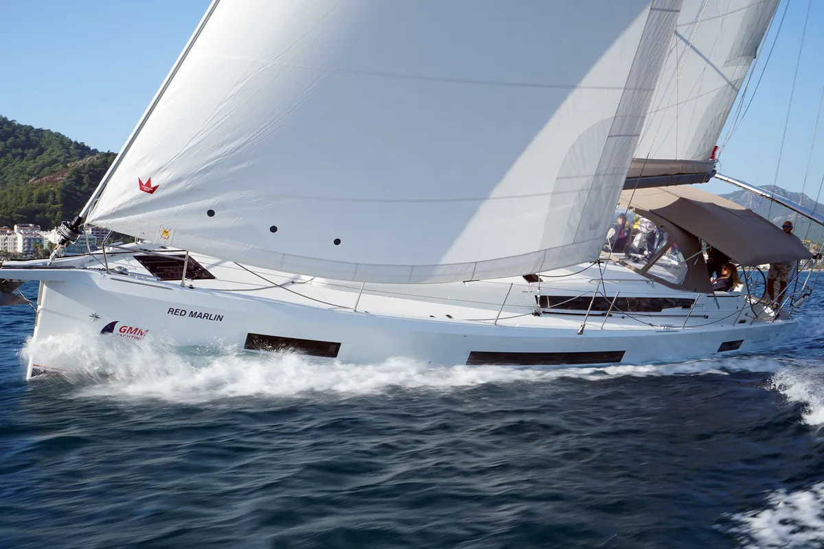 Exterior view of Red Marlin, a Jeanneau Sun Odyssey 490 sailboat at Marmaris, Turkey
