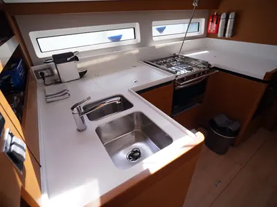 Galley of Red Marlin, a Jeanneau Sun Odyssey 490 sailboat at Marmaris, Turkey