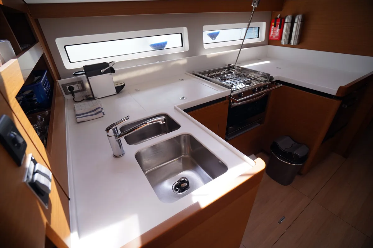 Galley of Red Marlin, a Jeanneau Sun Odyssey 490 sailboat at Marmaris, Turkey
