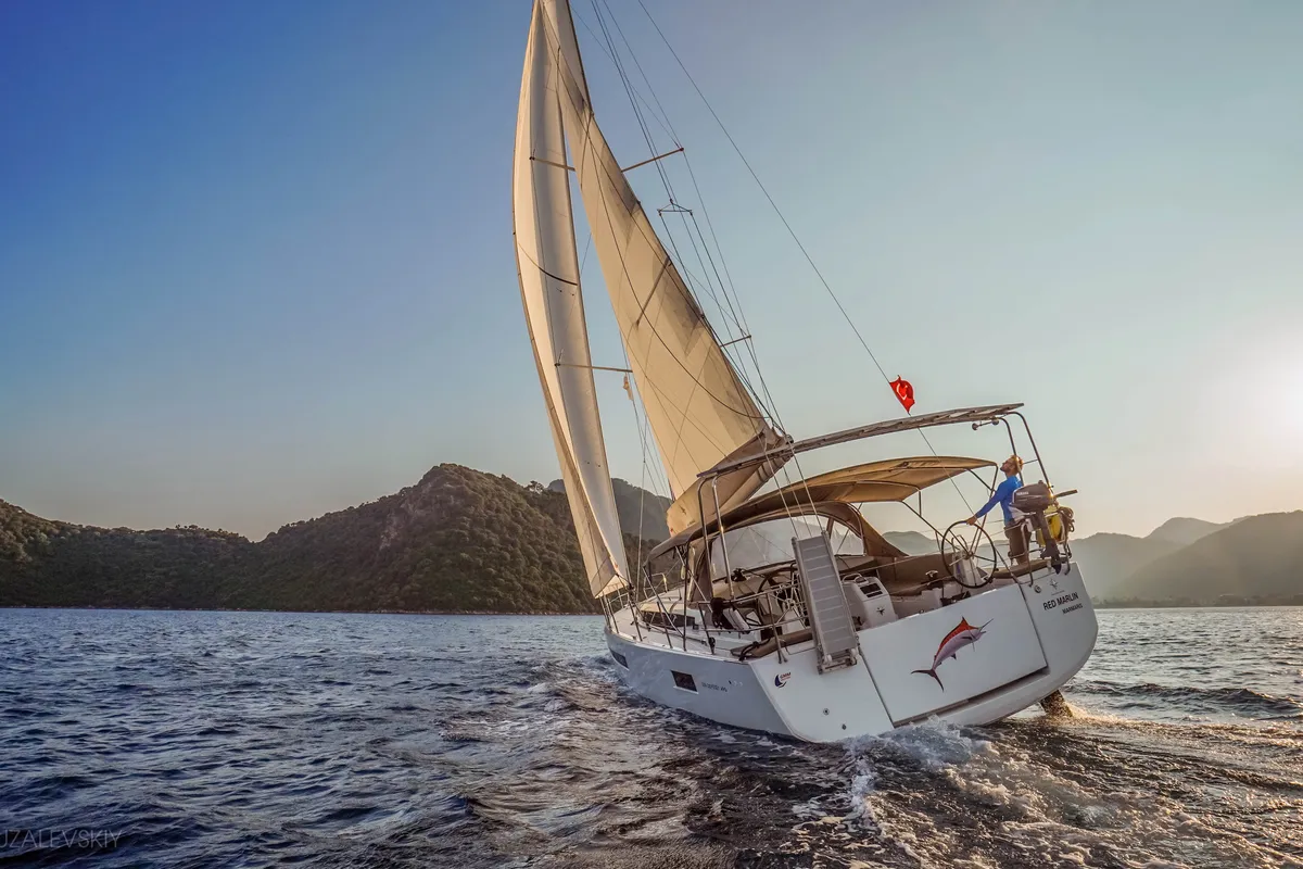 Exterior view of Red Marlin, a Jeanneau Sun Odyssey 490 sailboat at Marmaris, Turkey