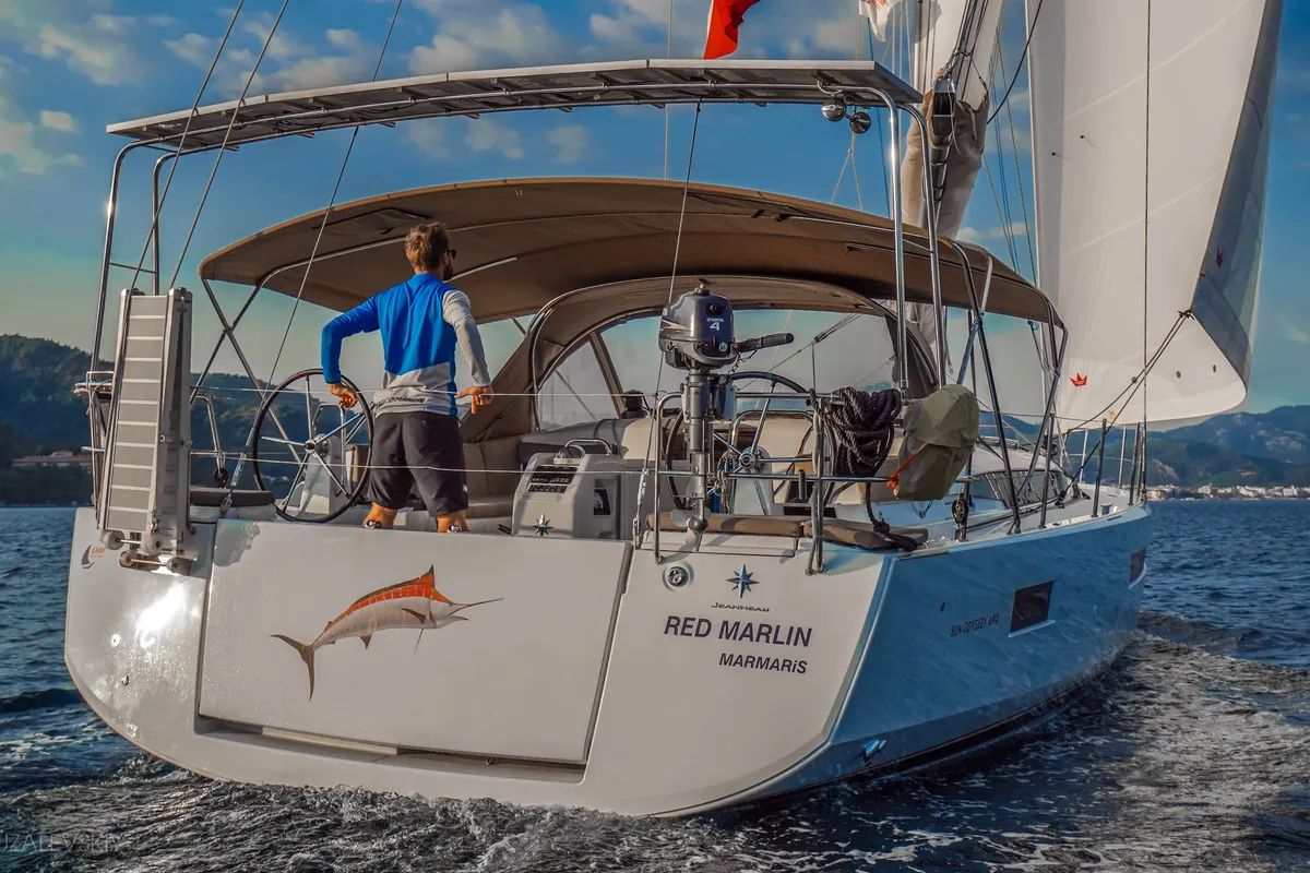 Exterior view of Red Marlin, a Jeanneau Sun Odyssey 490 sailboat at Marmaris, Turkey