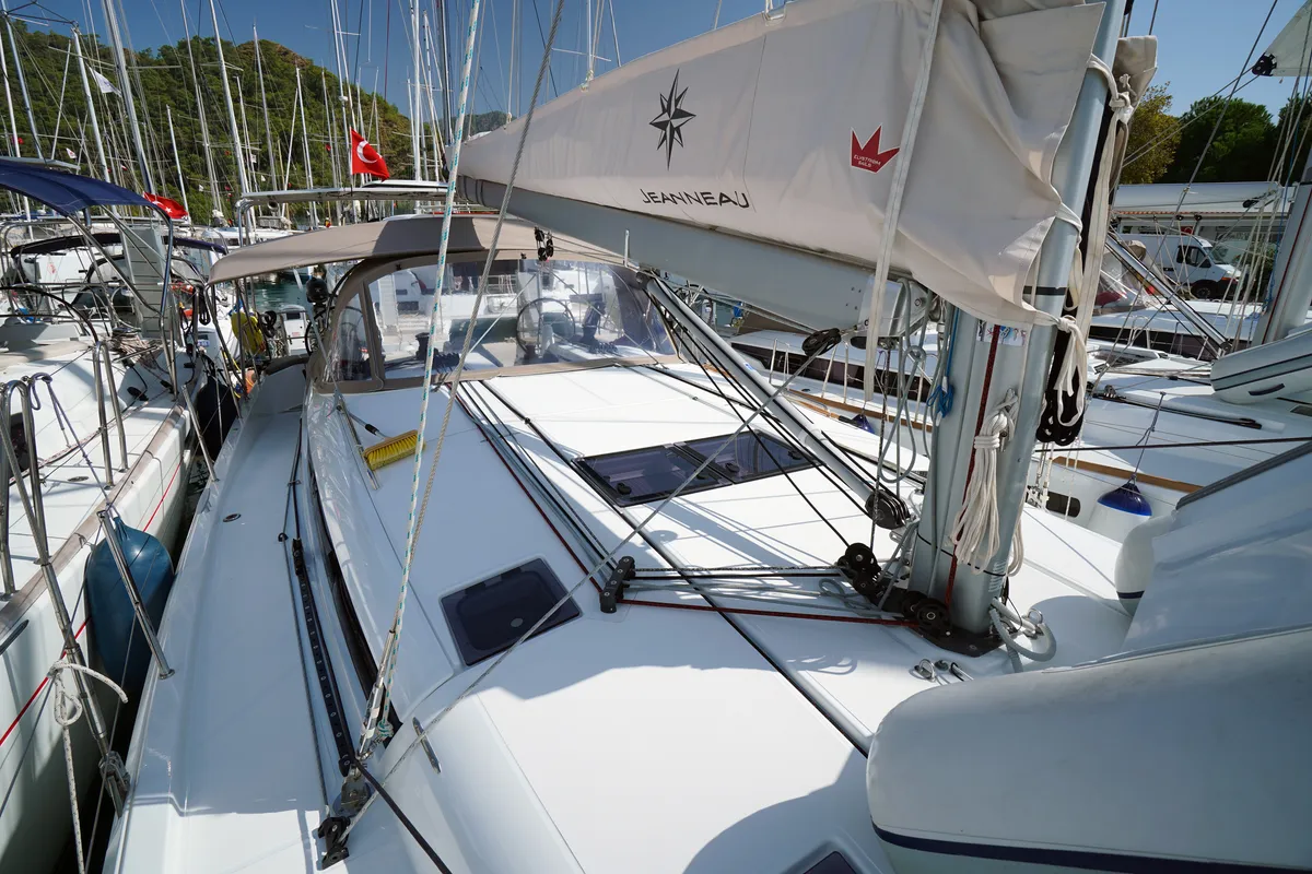 Deck of Red Marlin, a Jeanneau Sun Odyssey 490 sailboat at Marmaris, Turkey
