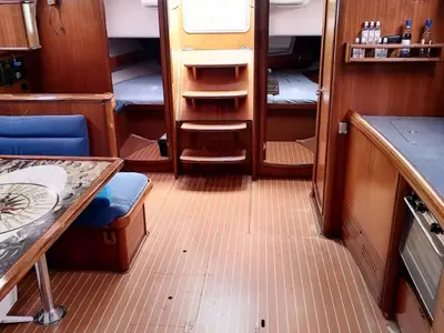 Salon of Orion VI, a Bavaria 44 sailboat at Volos, Greece