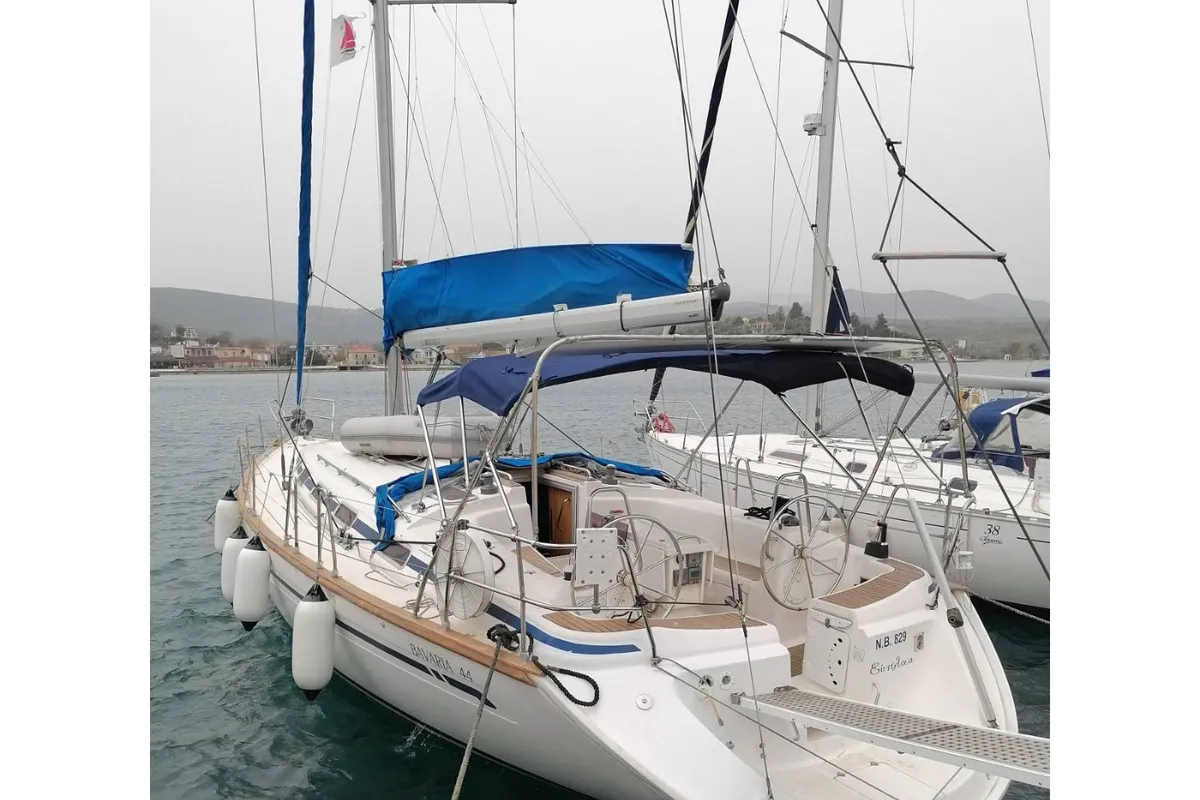 Exterior view of Orion VI, a Bavaria 44 sailboat at Volos, Greece