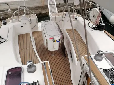 Cockpit of Orion VI, a Bavaria 44 sailboat at Volos, Greece