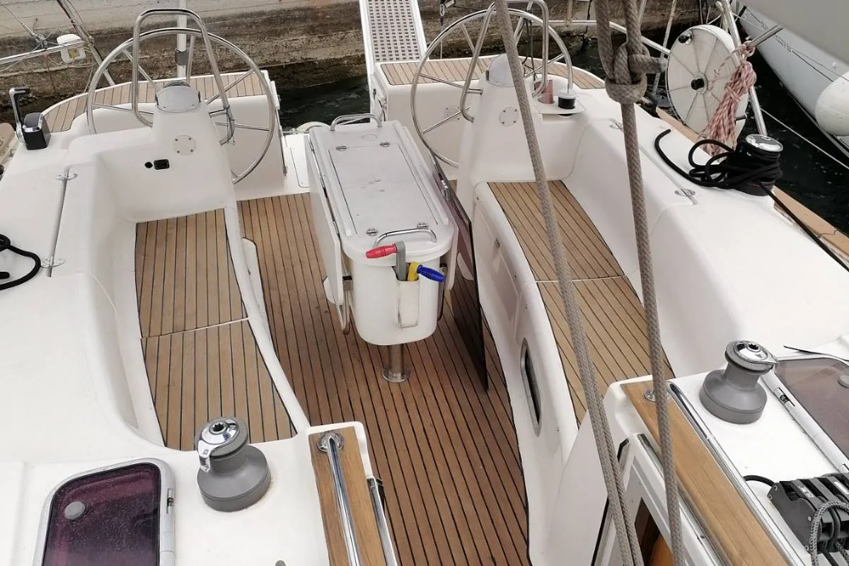 Cockpit of Orion VI, a Bavaria 44 sailboat at Volos, Greece