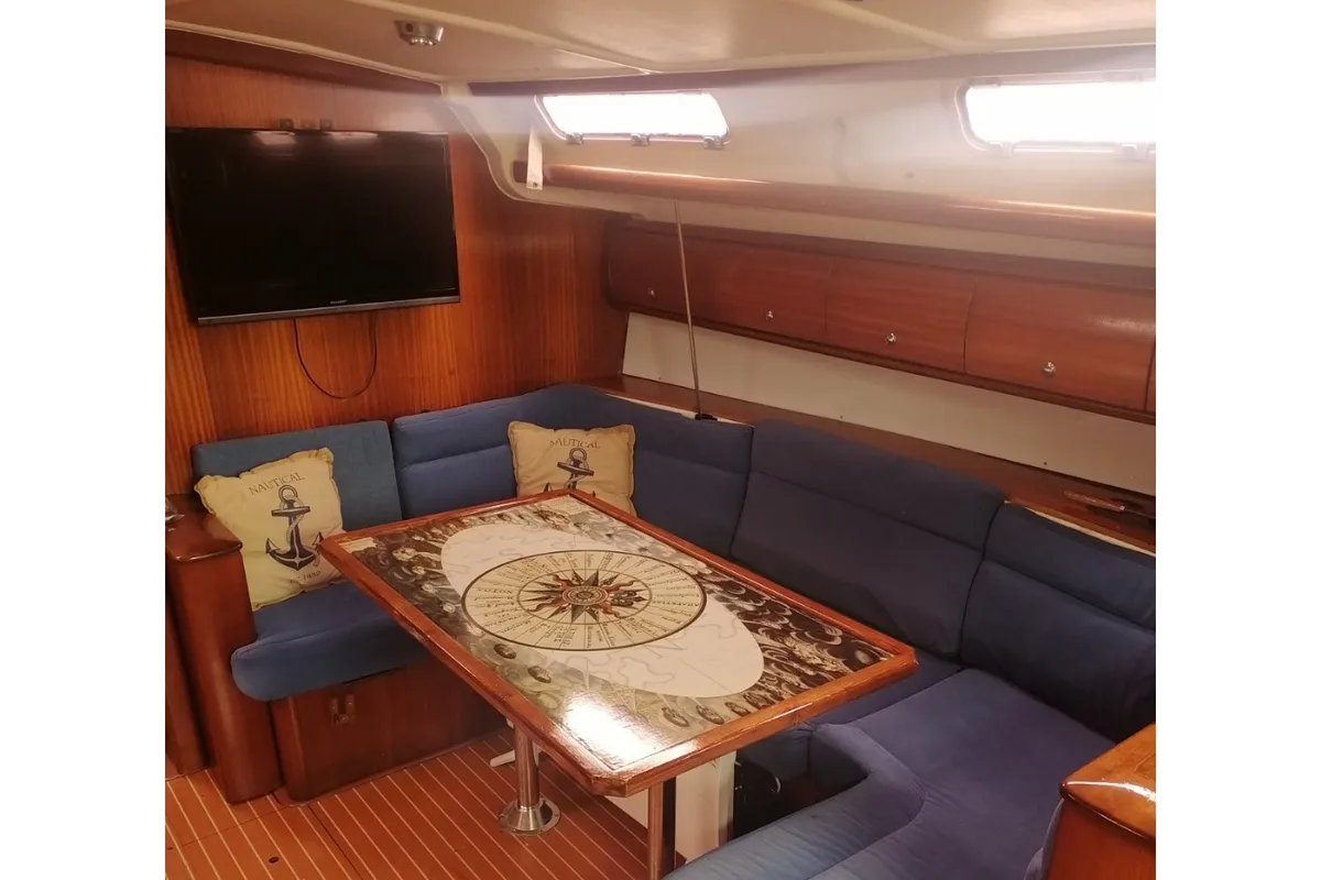 Salon of Orion VI, a Bavaria 44 sailboat at Volos, Greece