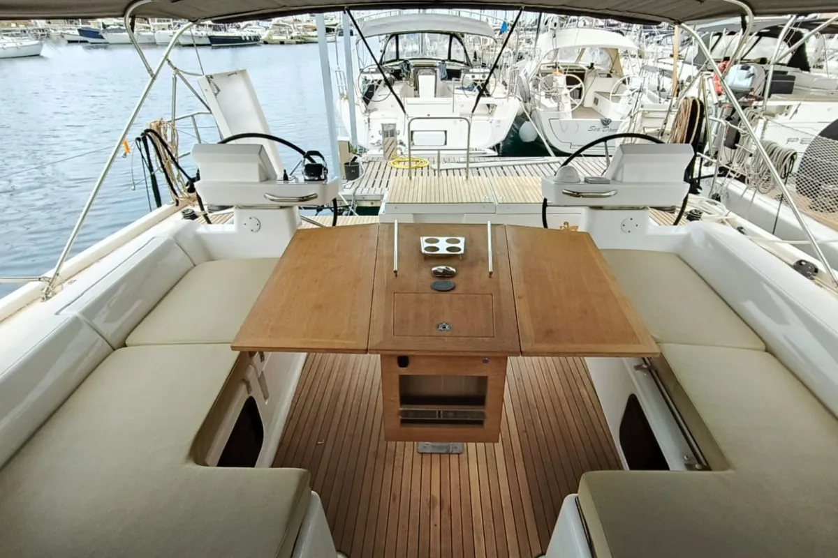 Deck of Razzmatazz, a Dufour 56 Exclusive sailboat at Capo d'Orlando, Italy