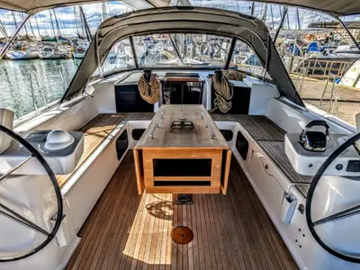 Cockpit of Razzmatazz, a Dufour 56 Exclusive sailboat at Capo d'Orlando, Italy
