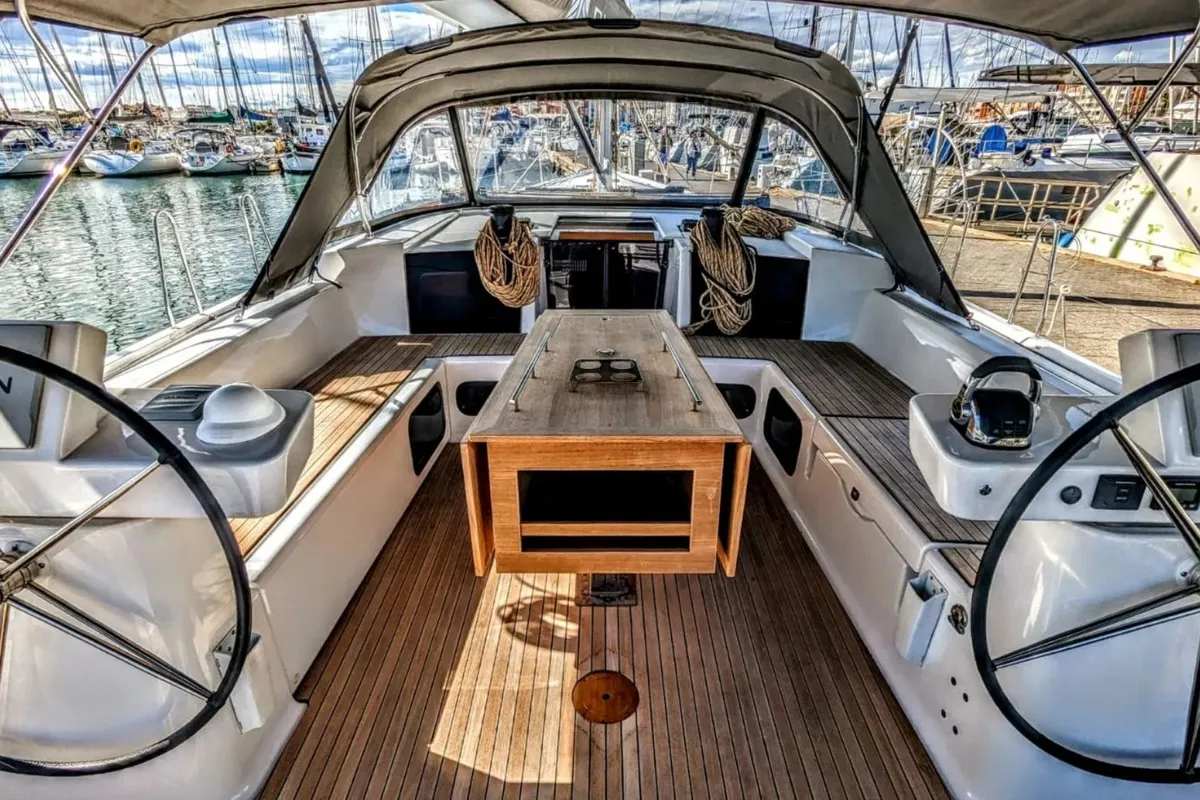 Cockpit of Razzmatazz, a Dufour 56 Exclusive sailboat at Capo d'Orlando, Italy