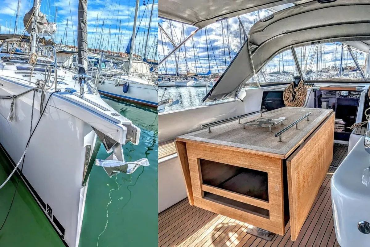 Exterior view of Razzmatazz, a Dufour 56 Exclusive sailboat at Capo d'Orlando, Italy