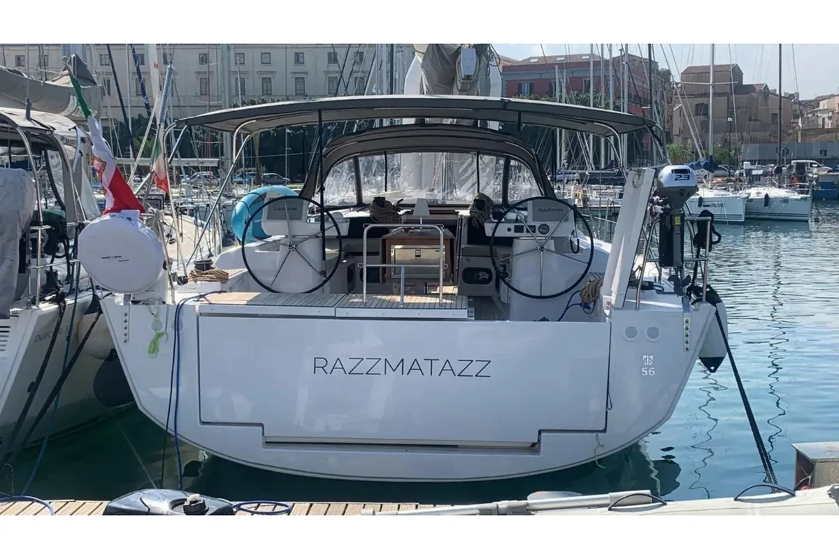 Exterior view of Razzmatazz, a Dufour 56 Exclusive sailboat at Capo d'Orlando, Italy