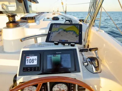Cockpit of Ella, a Excess 11 catamaran at Mytikas, Greece