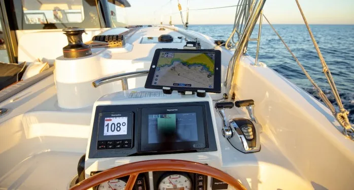 Cockpit of Ella, a Excess 11 catamaran at Mytikas, Greece