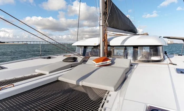 Deck of Ella, a Excess 11 catamaran at Mytikas, Greece