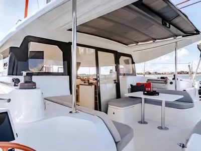 Deck of Ella, a Excess 11 catamaran at Mytikas, Greece