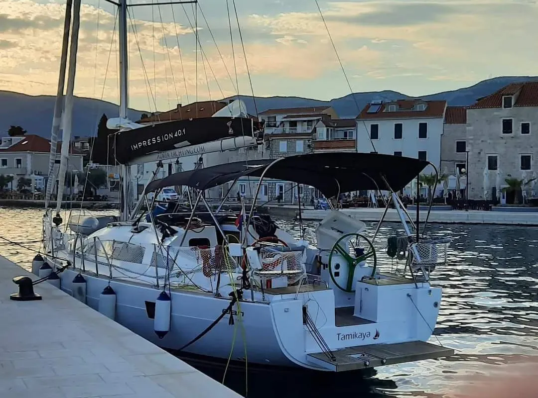 Exterior view of Tamikaya, a Elan Impression 40.1 sailboat at Punat, Croatia