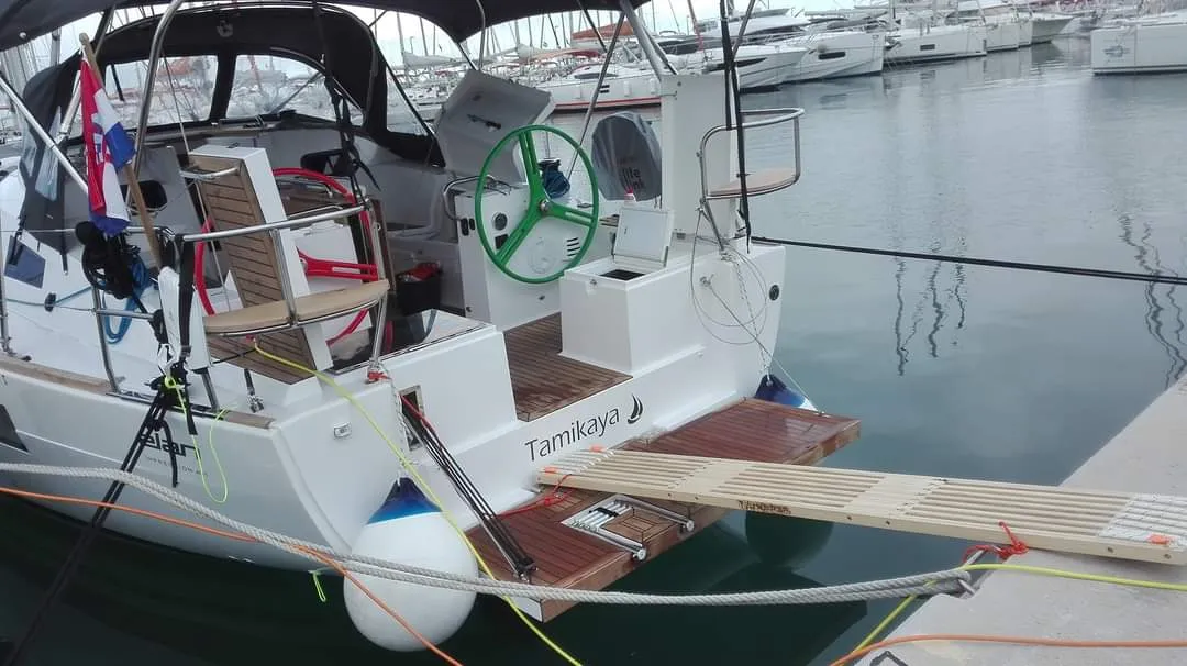 Deck of Tamikaya, a Elan Impression 40.1 sailboat at Punat, Croatia