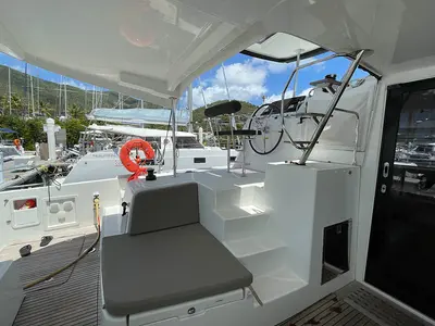 Cockpit of Moana, a Lagoon 42 catamaran at Road Town, British Virgin Islands