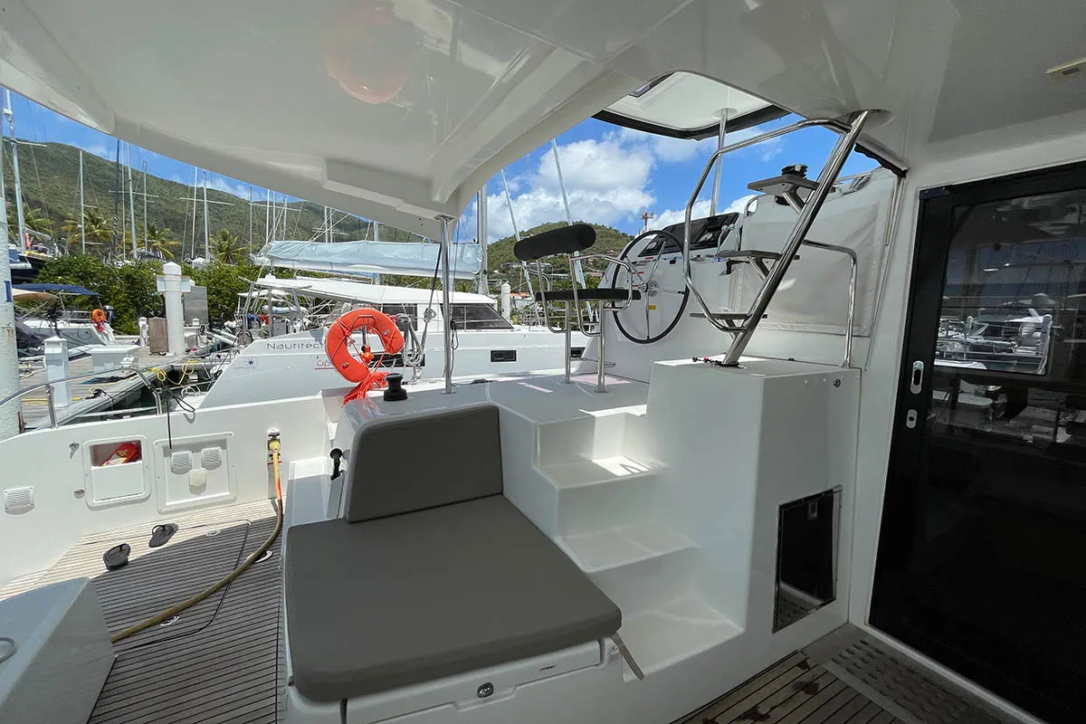 Cockpit of Moana, a Lagoon 42 catamaran at Road Town, British Virgin Islands