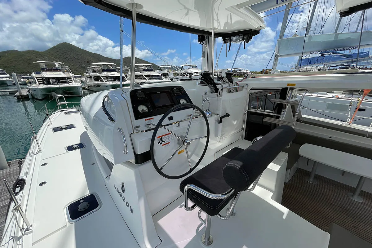 Cockpit of Moana, a Lagoon 42 catamaran at Road Town, British Virgin Islands