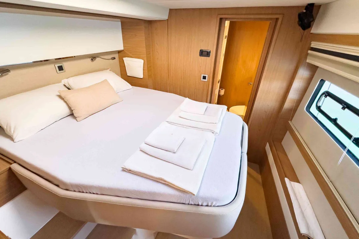 Cabin on La Brise 2, a Bali 5.4 catamaran at Fethiye, Turkey