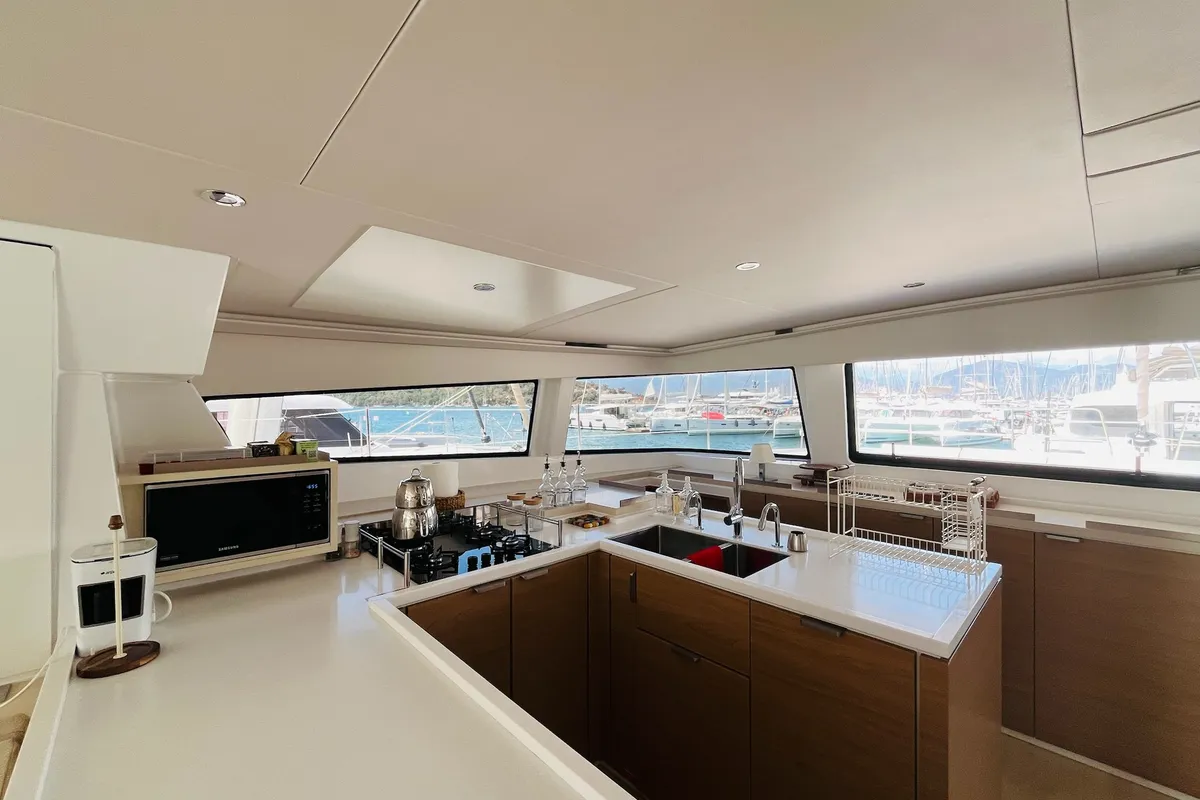 Galley of La Brise 2, a Bali 5.4 catamaran at Fethiye, Turkey